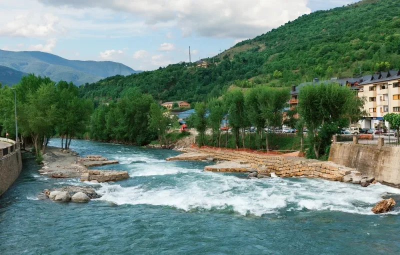 The river and green valley at Sort in the Catalan Pyrenees